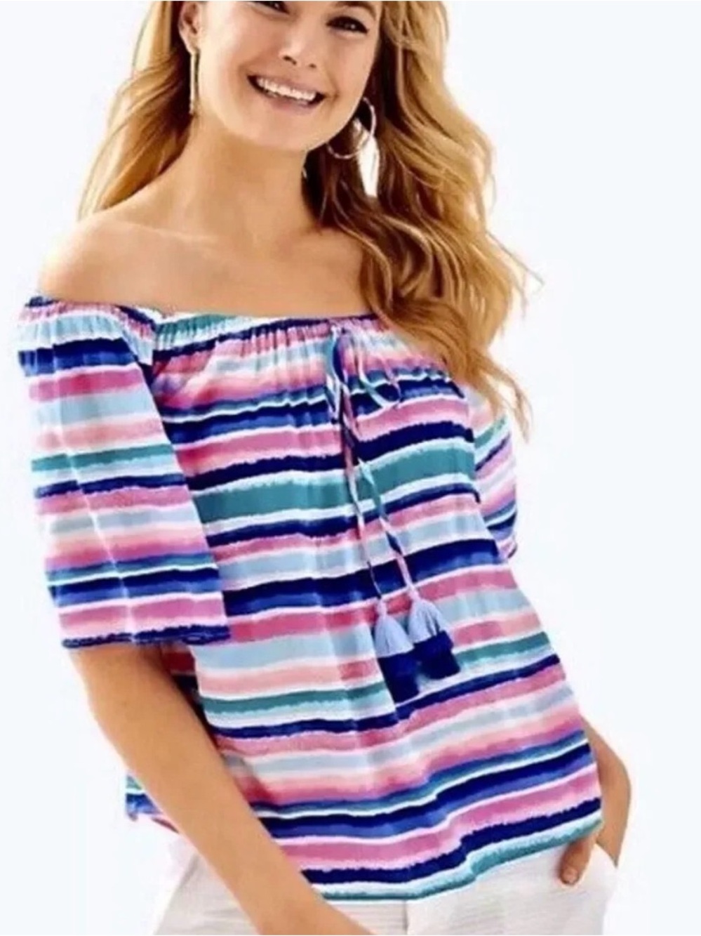 Lilly Pulitzer Multicolor Striped Off-Shoulder Tassel Blouse